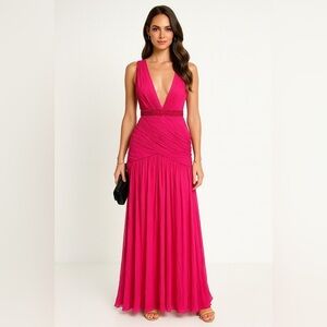 Amanda Wakeley Deep V‎ Long Maxi Dress Pink Gown Women's Size L Flawed